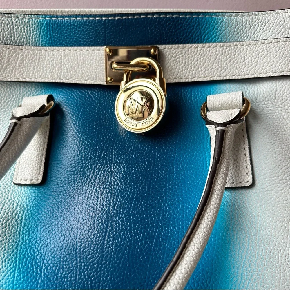 MICHAEL KORS Hamilton Spray Large Pebble Leather Tote Bag White/Blue